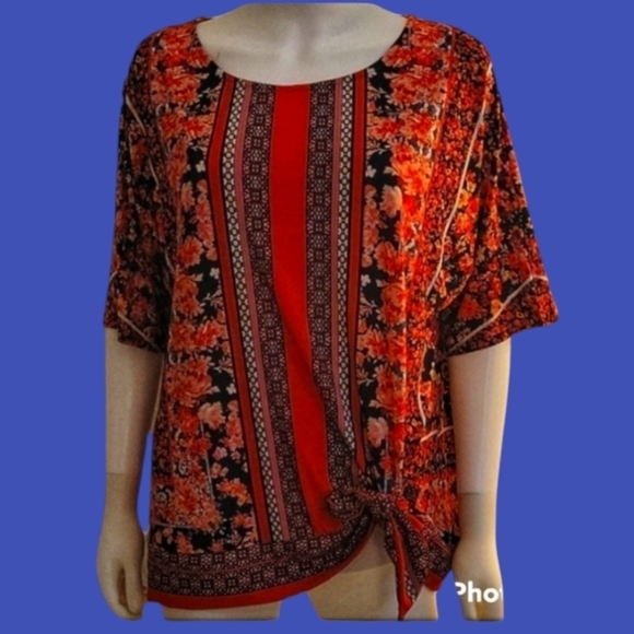 5/$25 Roz & ALI Coral Floral Rose Stripe Waist Tie Blouse FLAWED - Picture 1 of 11